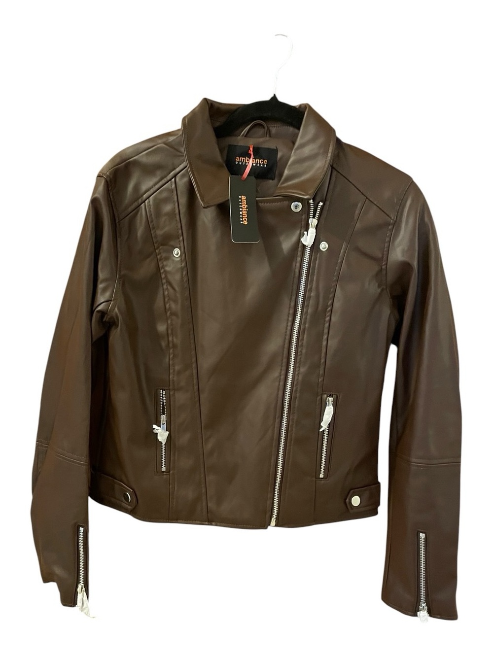 Ambiance Brown Faux Leather Bomber Jacket, Size M, Side Zipper Bikercore